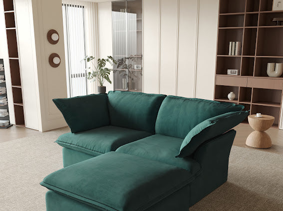 Anora Velvet Modular Classic Clouds Sofa - Loveseat Plus Ottoman