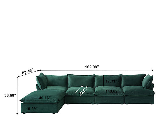 Anora Velvet Modular Classic Cloud Sectional - 5 piece L Shape