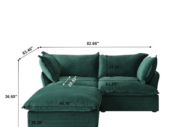 Anora Velvet Modular Classic Clouds Sofa - Loveseat Plus Ottoman