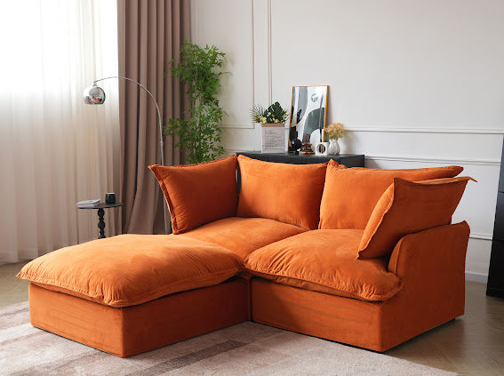 Anora Velvet Modular Classic Clouds Sofa - Loveseat Plus Ottoman