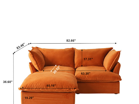 Anora Velvet Modular Classic Clouds Sofa - Loveseat Plus Ottoman