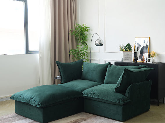 Anora Velvet Modular Classic Clouds Sofa - Loveseat Plus Ottoman